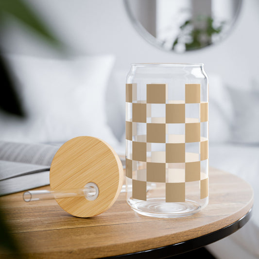 Checkered Tan Glass Cup