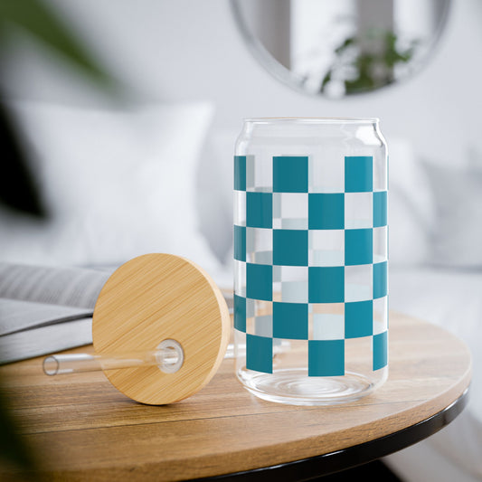 Checkered Dark Turquoise Glass Cup